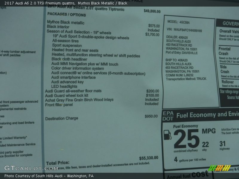  2017 A6 2.0 TFSI Premium quattro Window Sticker