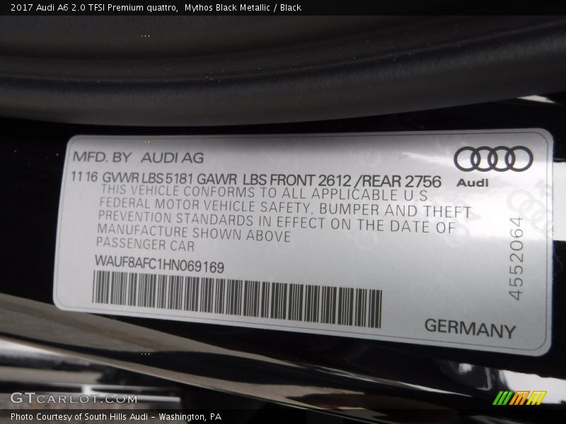 Mythos Black Metallic / Black 2017 Audi A6 2.0 TFSI Premium quattro