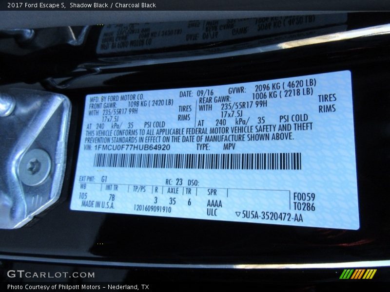 Shadow Black / Charcoal Black 2017 Ford Escape S