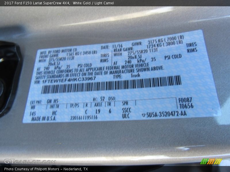 2017 F150 Lariat SuperCrew 4X4 White Gold Color Code GN