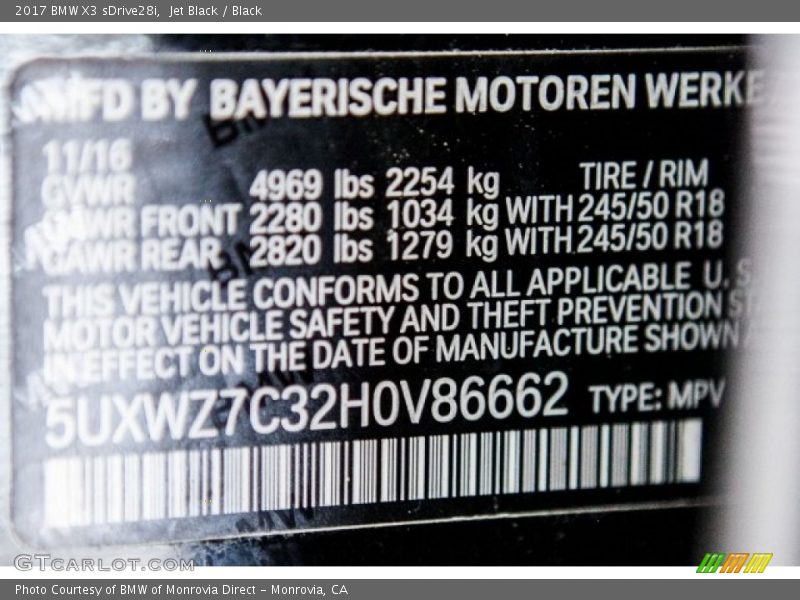 Jet Black / Black 2017 BMW X3 sDrive28i