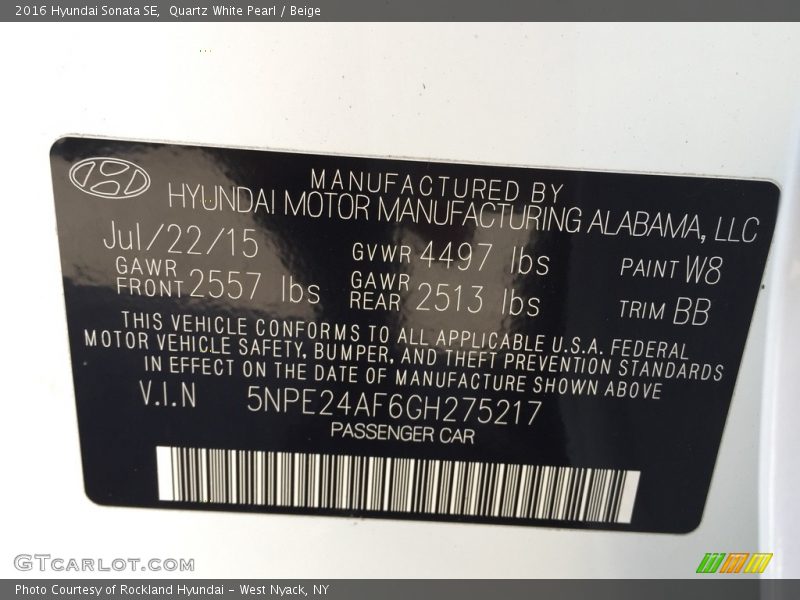Quartz White Pearl / Beige 2016 Hyundai Sonata SE