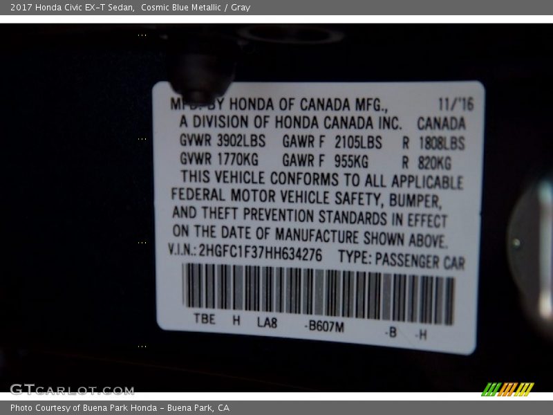 Cosmic Blue Metallic / Gray 2017 Honda Civic EX-T Sedan