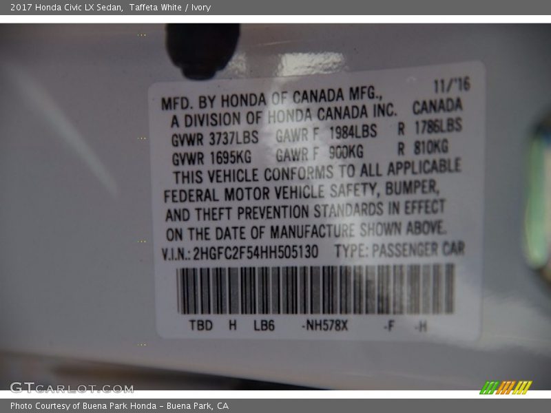 Taffeta White / Ivory 2017 Honda Civic LX Sedan