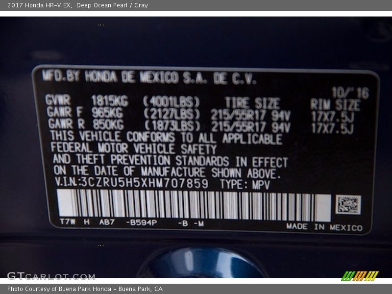 Deep Ocean Pearl / Gray 2017 Honda HR-V EX