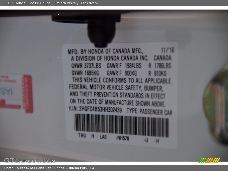 Taffeta White / Black/Ivory 2017 Honda Civic LX Coupe