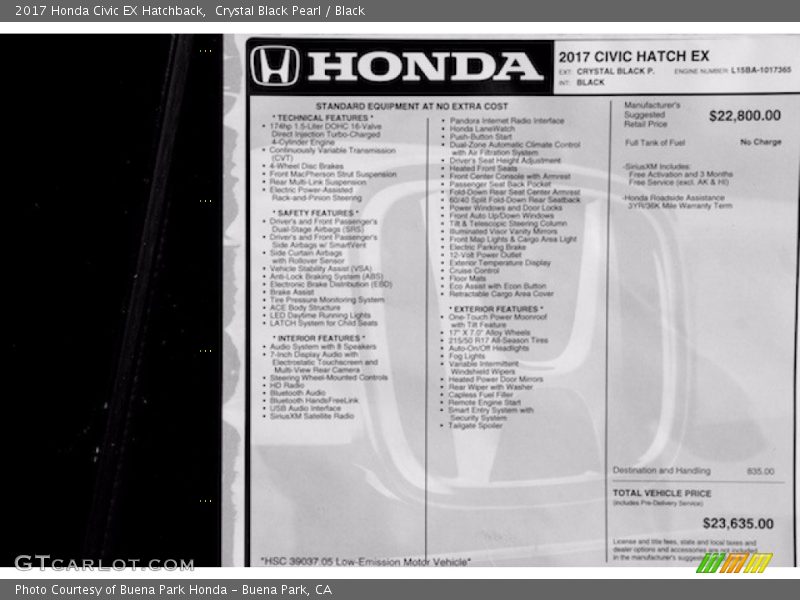 Crystal Black Pearl / Black 2017 Honda Civic EX Hatchback