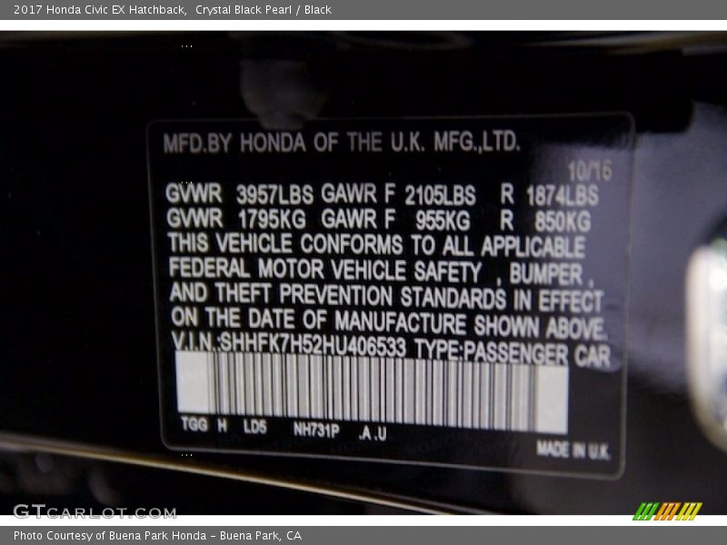 Crystal Black Pearl / Black 2017 Honda Civic EX Hatchback