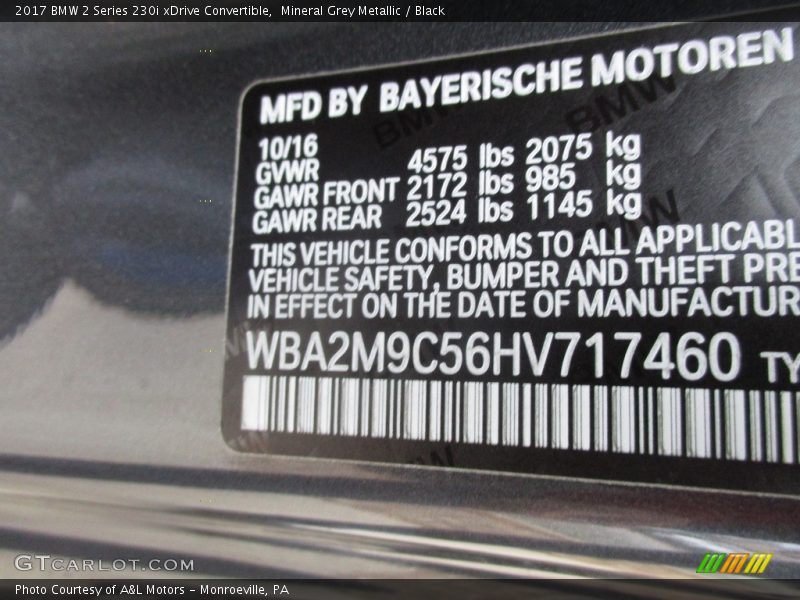 Mineral Grey Metallic / Black 2017 BMW 2 Series 230i xDrive Convertible