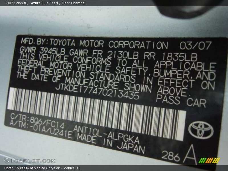 Azure Blue Pearl / Dark Charcoal 2007 Scion tC