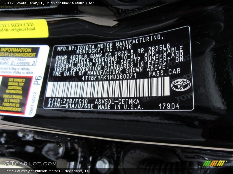 Midnight Black Metallic / Ash 2017 Toyota Camry LE