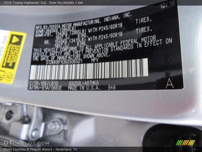 Silver Sky Metallic / Ash 2016 Toyota Highlander XLE