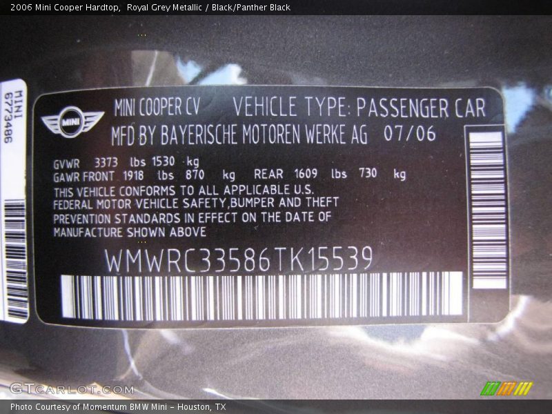 Royal Grey Metallic / Black/Panther Black 2006 Mini Cooper Hardtop