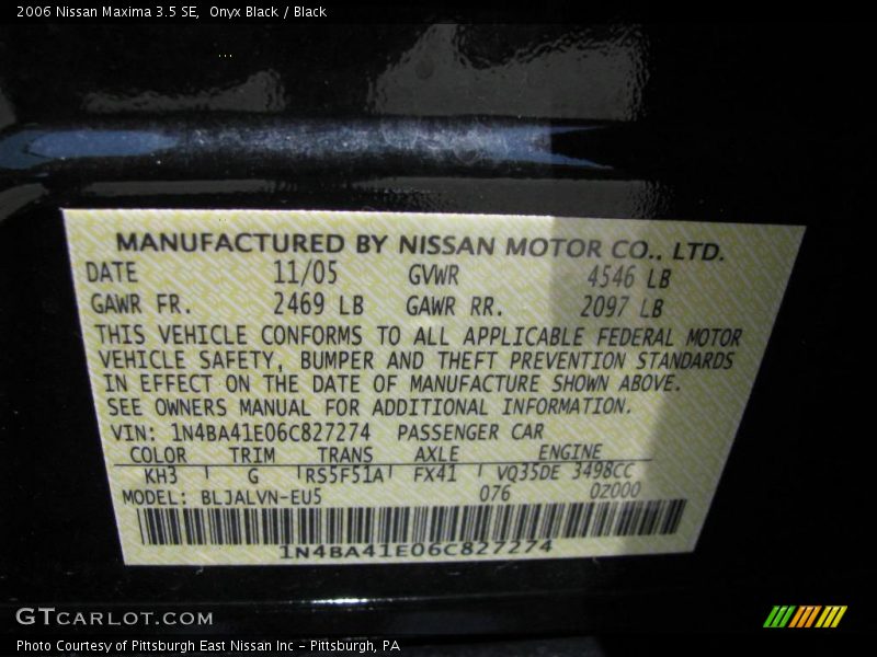 Onyx Black / Black 2006 Nissan Maxima 3.5 SE