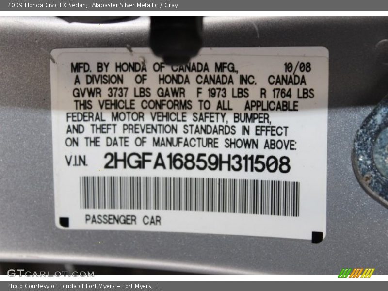 Alabaster Silver Metallic / Gray 2009 Honda Civic EX Sedan