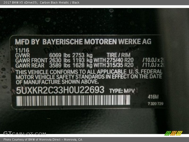 2017 X5 sDrive35i Carbon Black Metallic Color Code 416