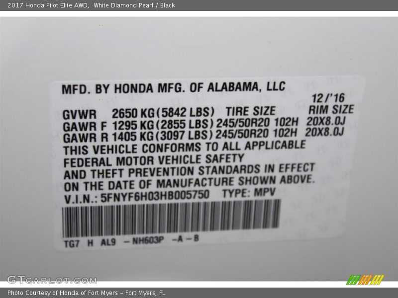 White Diamond Pearl / Black 2017 Honda Pilot Elite AWD