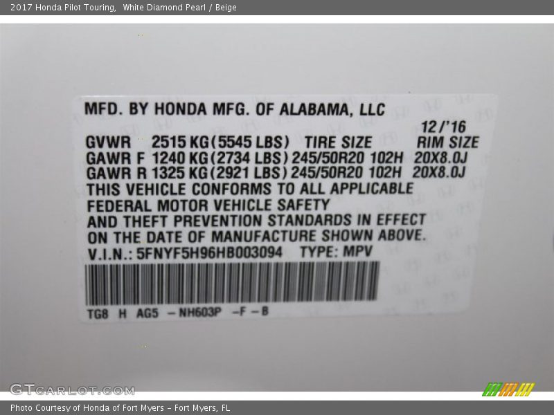 White Diamond Pearl / Beige 2017 Honda Pilot Touring