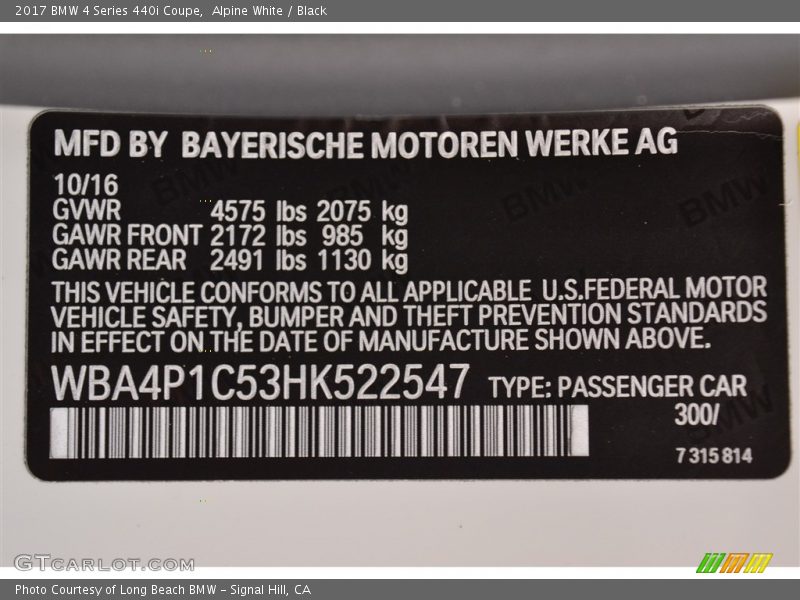 Alpine White / Black 2017 BMW 4 Series 440i Coupe