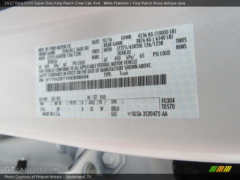 2017 F250 Super Duty King Ranch Crew Cab 4x4 White Platinum Color Code UG