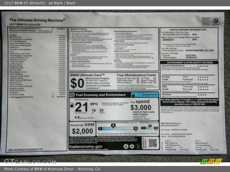  2017 X5 sDrive35i Window Sticker