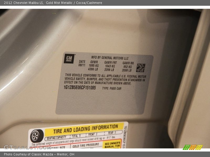 Gold Mist Metallic / Cocoa/Cashmere 2012 Chevrolet Malibu LS