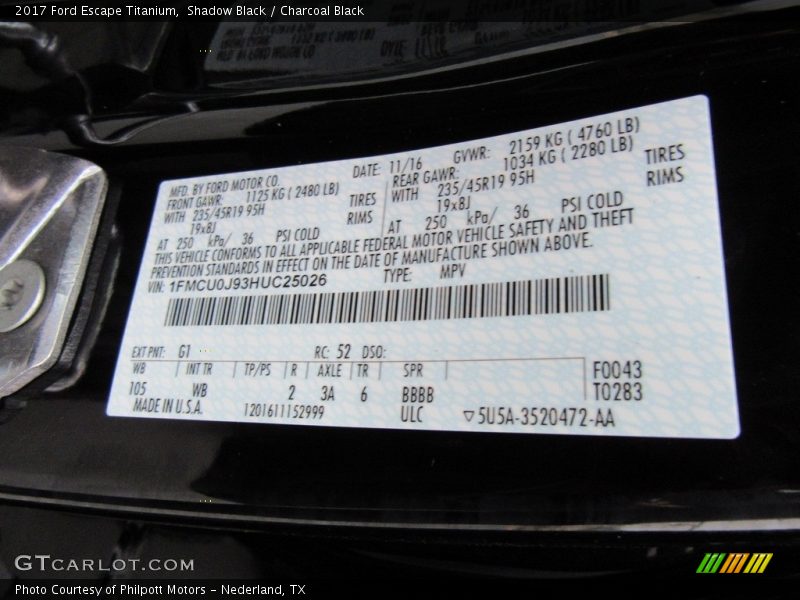 2017 Escape Titanium Shadow Black Color Code G1