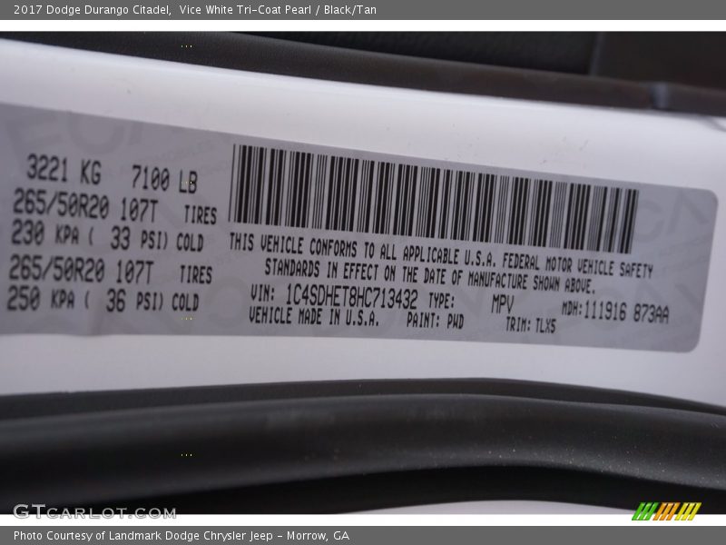 Vice White Tri-Coat Pearl / Black/Tan 2017 Dodge Durango Citadel