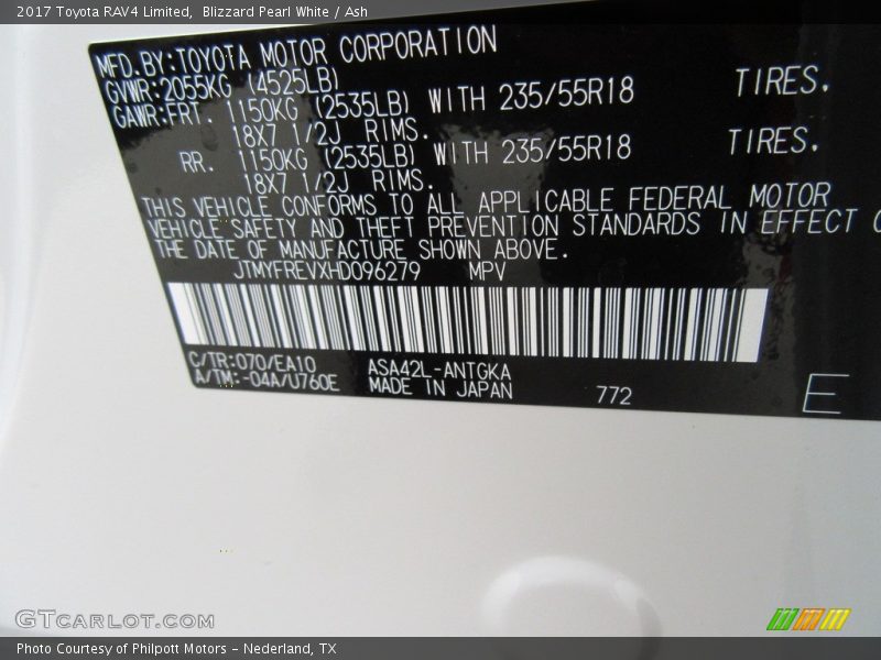 2017 RAV4 Limited Blizzard Pearl White Color Code 070