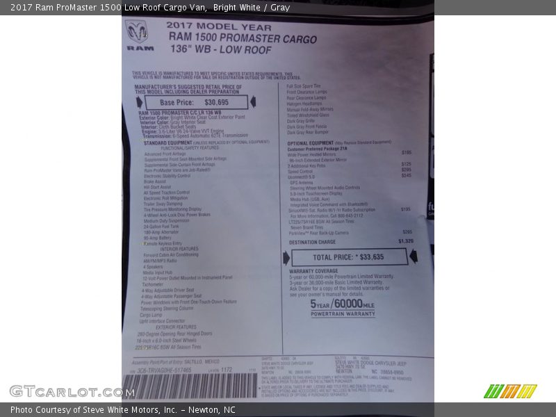 Bright White / Gray 2017 Ram ProMaster 1500 Low Roof Cargo Van