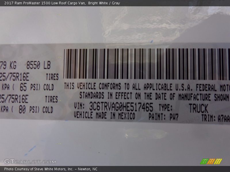 Bright White / Gray 2017 Ram ProMaster 1500 Low Roof Cargo Van