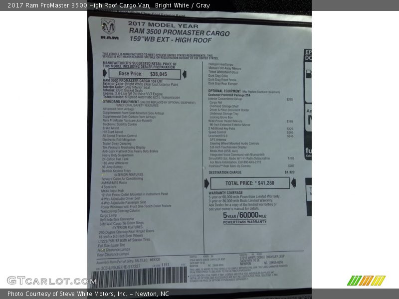 Bright White / Gray 2017 Ram ProMaster 3500 High Roof Cargo Van