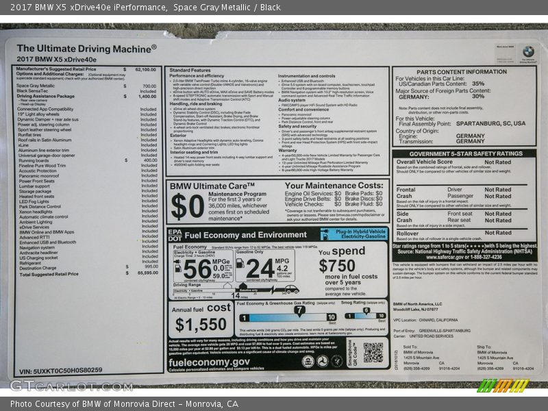  2017 X5 xDrive40e iPerformance Window Sticker