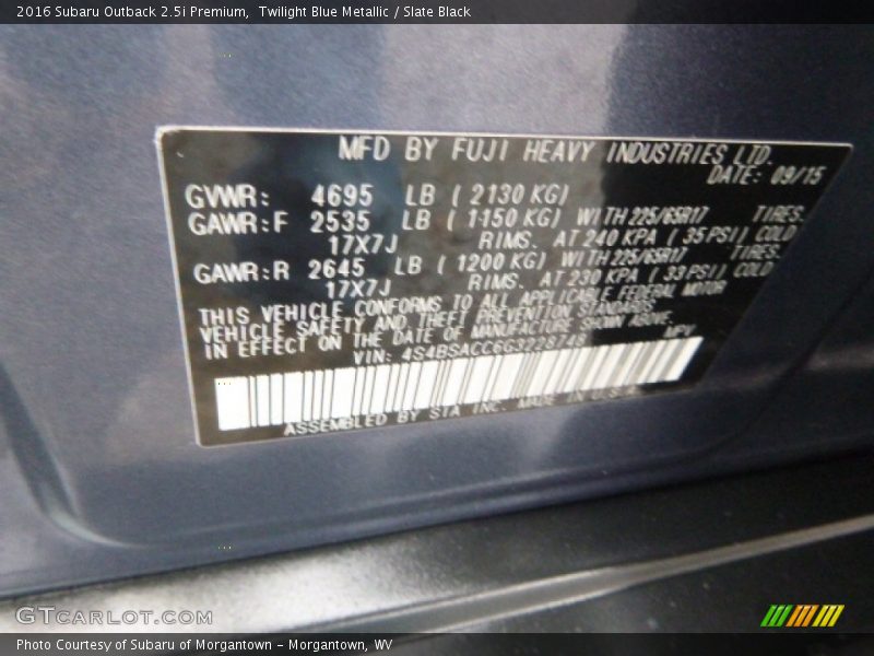 Twilight Blue Metallic / Slate Black 2016 Subaru Outback 2.5i Premium