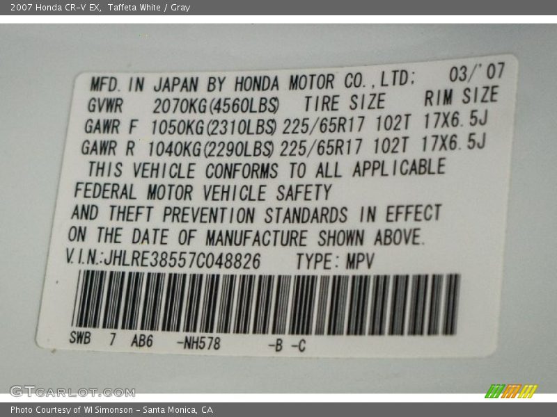 Taffeta White / Gray 2007 Honda CR-V EX