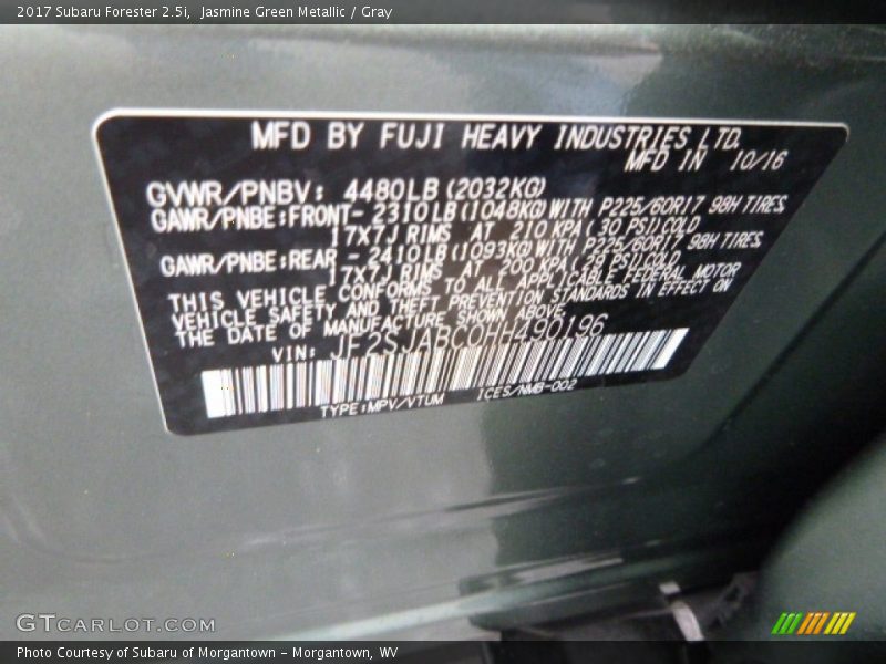 Jasmine Green Metallic / Gray 2017 Subaru Forester 2.5i