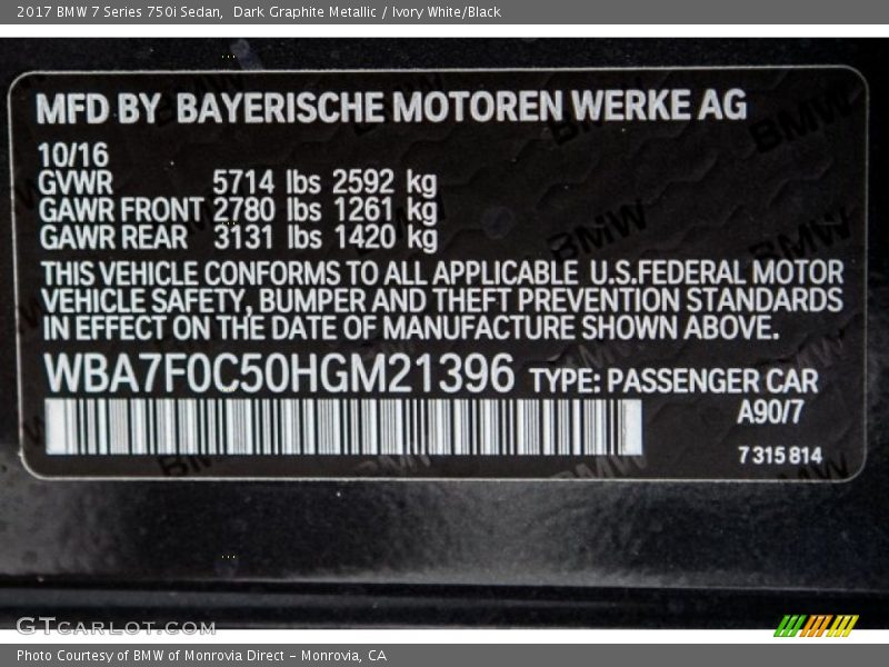 Dark Graphite Metallic / Ivory White/Black 2017 BMW 7 Series 750i Sedan
