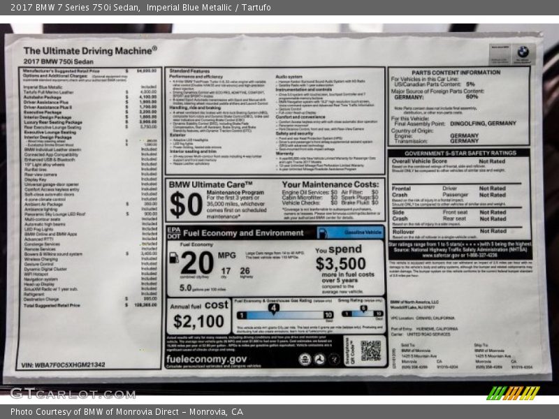  2017 7 Series 750i Sedan Window Sticker
