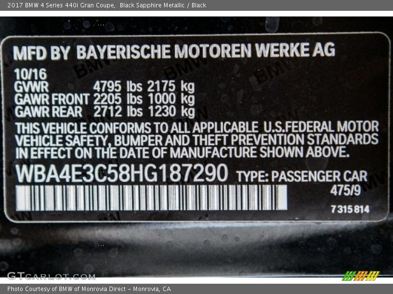 Black Sapphire Metallic / Black 2017 BMW 4 Series 440i Gran Coupe