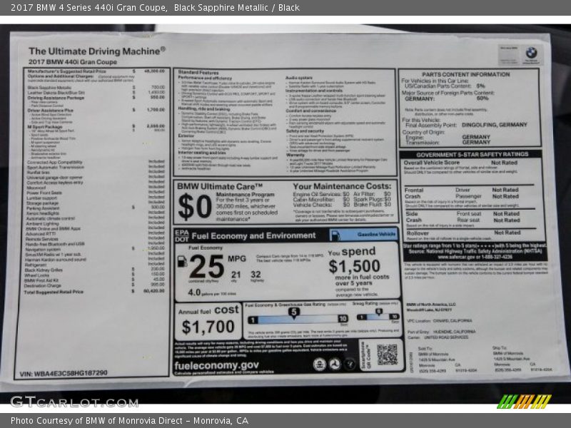  2017 4 Series 440i Gran Coupe Window Sticker