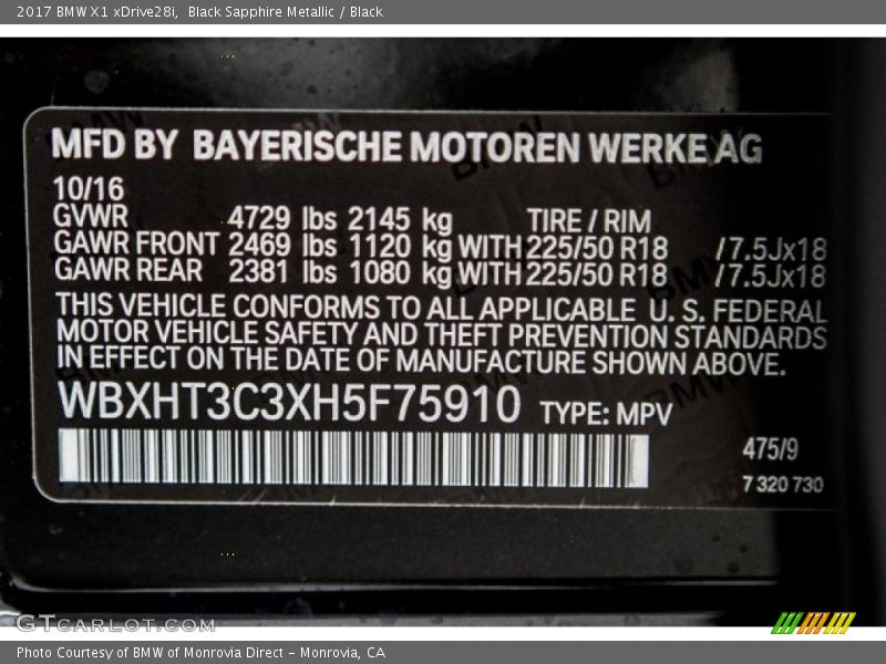 Black Sapphire Metallic / Black 2017 BMW X1 xDrive28i