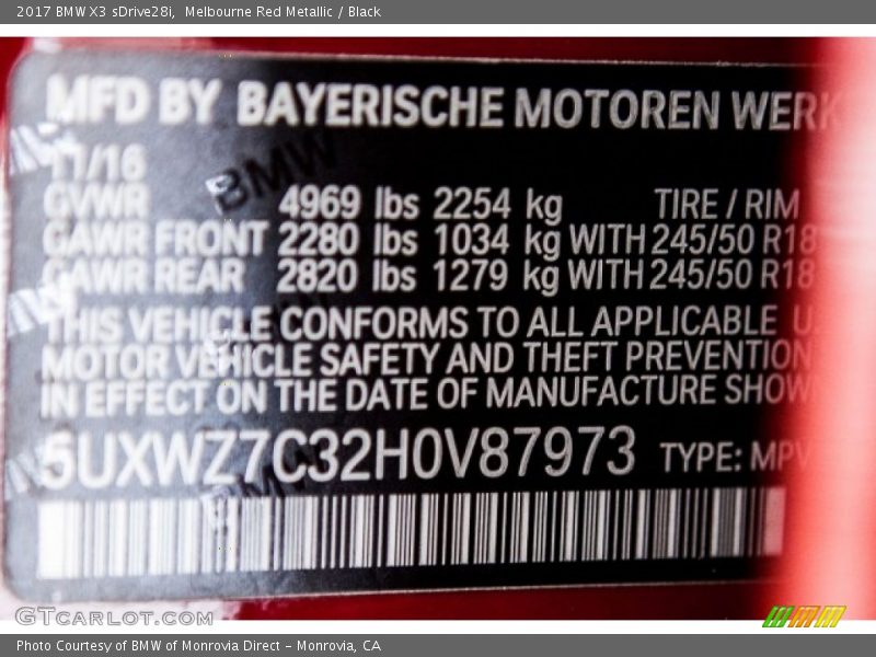 Melbourne Red Metallic / Black 2017 BMW X3 sDrive28i