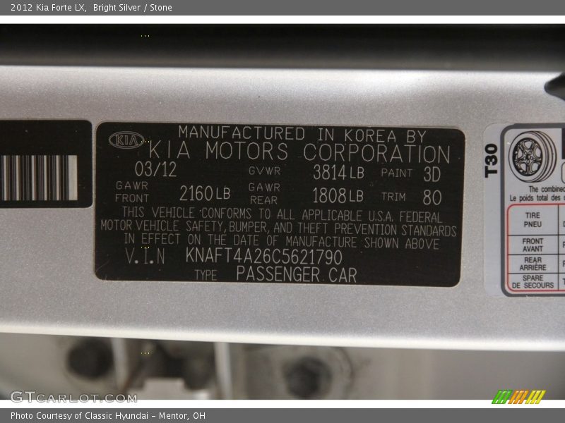 Bright Silver / Stone 2012 Kia Forte LX