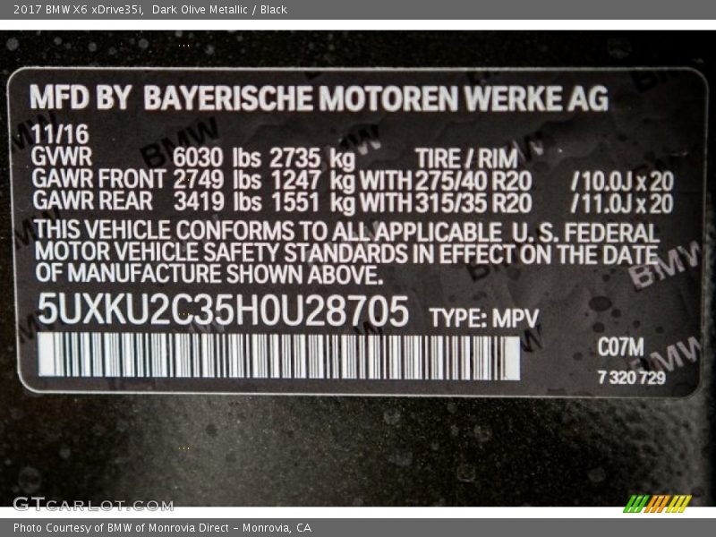 2017 X6 xDrive35i Dark Olive Metallic Color Code C07M