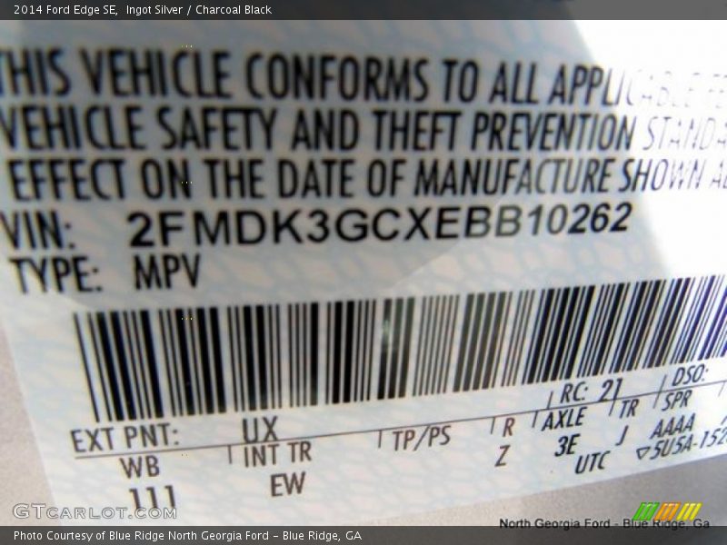 Ingot Silver / Charcoal Black 2014 Ford Edge SE