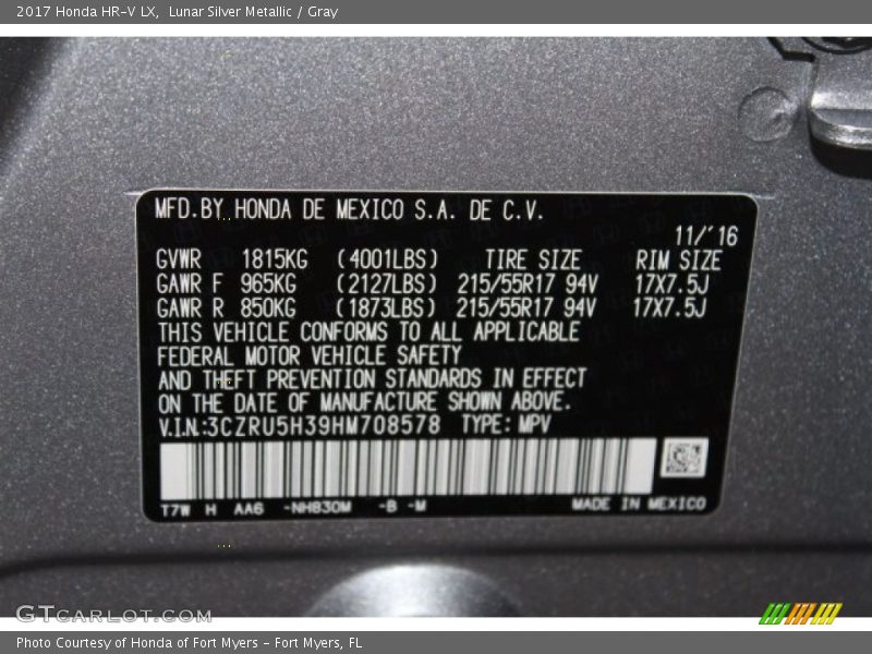 Lunar Silver Metallic / Gray 2017 Honda HR-V LX