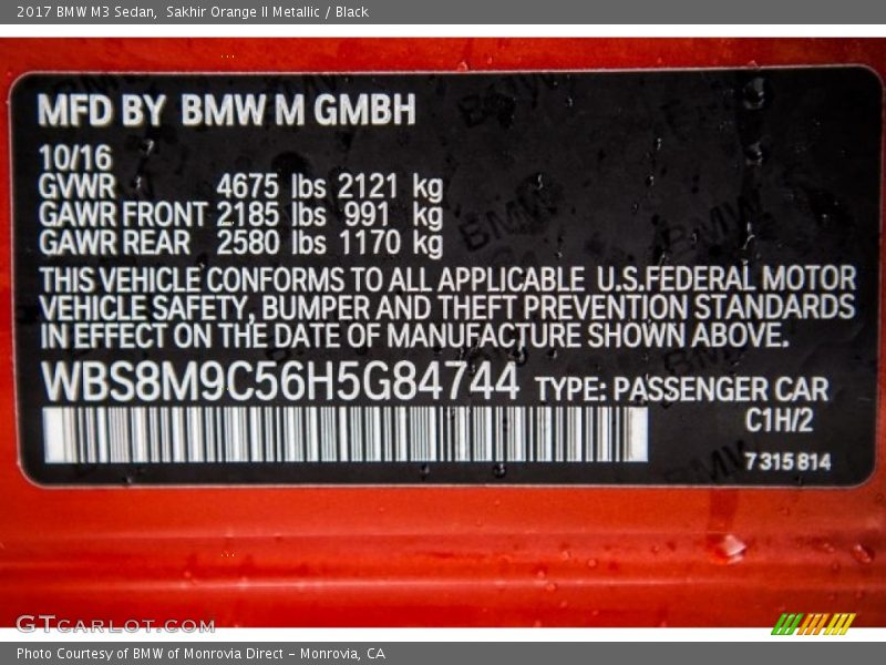 2017 M3 Sedan Sakhir Orange II Metallic Color Code C1H