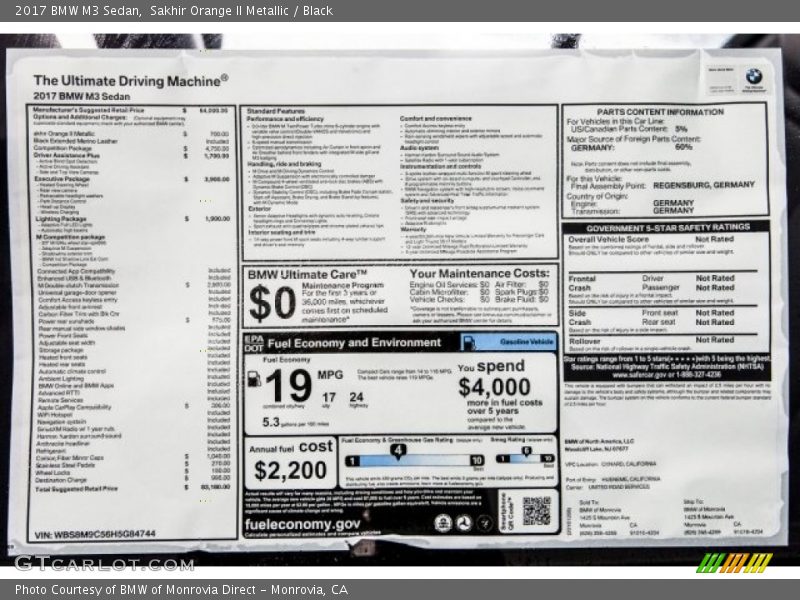  2017 M3 Sedan Window Sticker