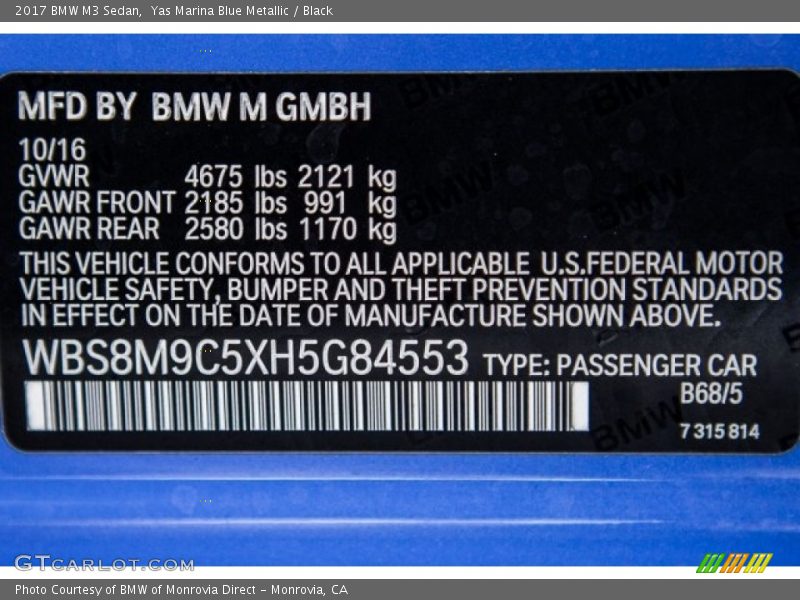2017 M3 Sedan Yas Marina Blue Metallic Color Code B68