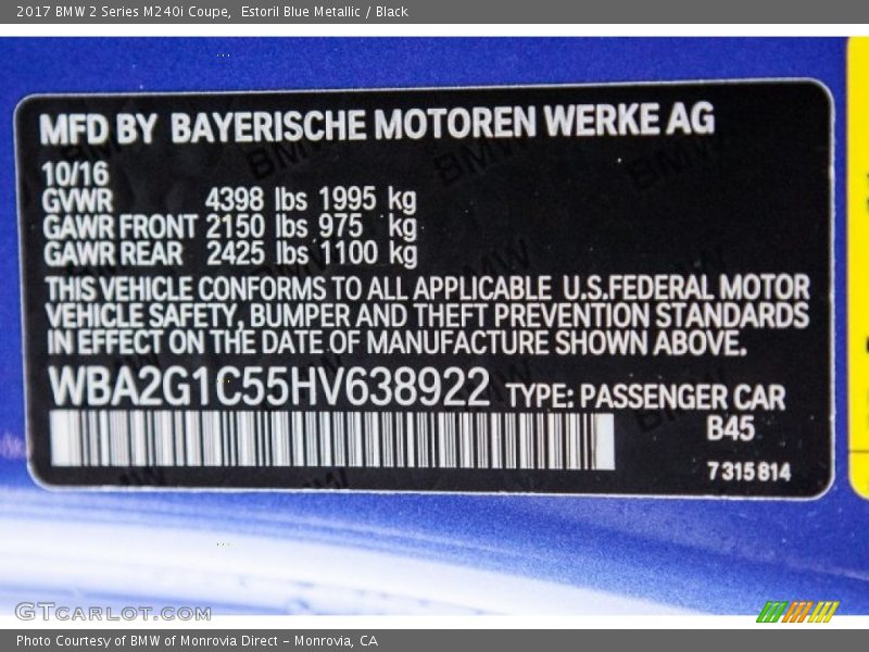 2017 2 Series M240i Coupe Estoril Blue Metallic Color Code B45